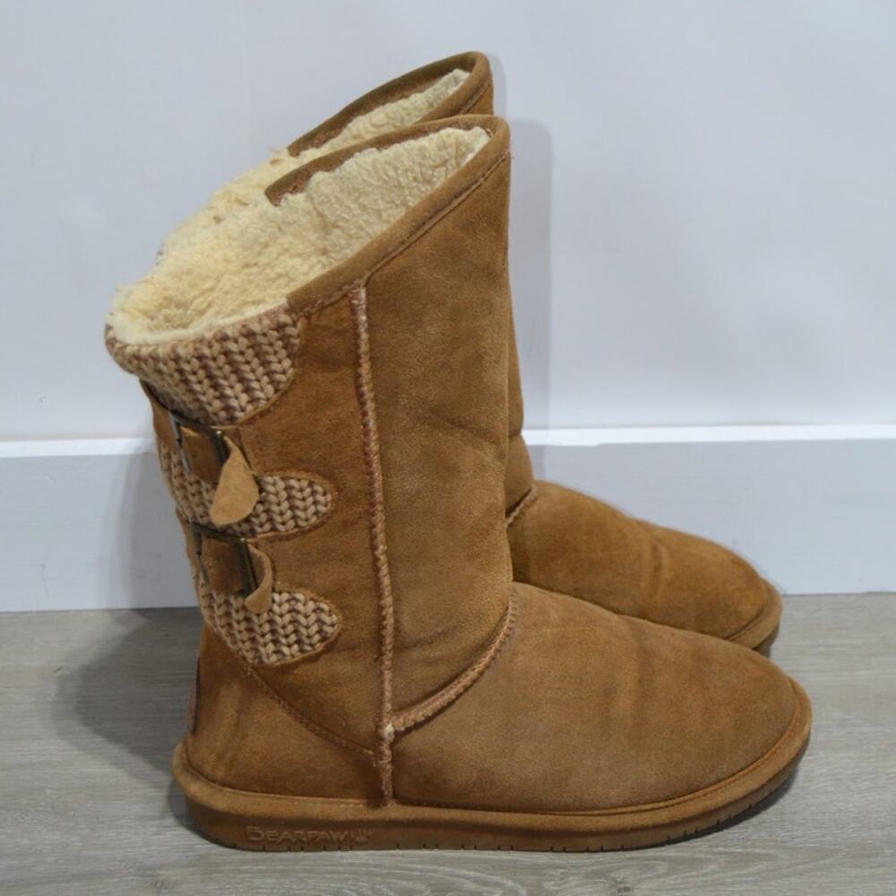 BearPaw Boshie Wide Hickory Suede & Knit Brown Boots Size 9